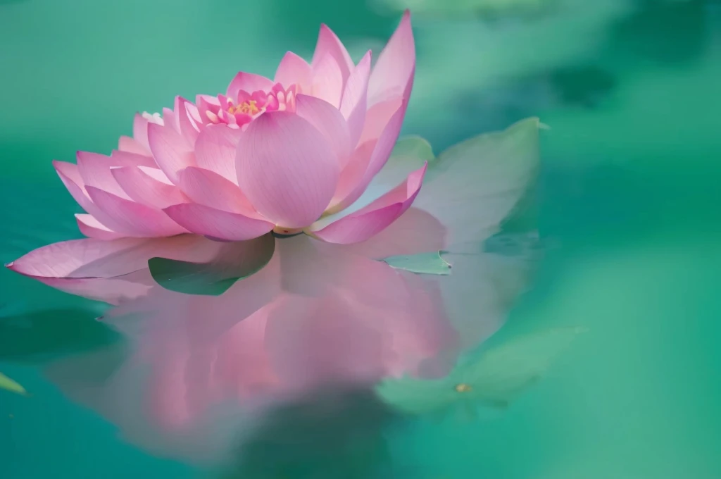 Alafide pink flowers on green background with blurred water, Floating in a powerful zen state, lotuses, lotus petals, author：Sim Che Tsai, author：Anna Fuseli, lotus flower, lotus, standing gracefully upon a lotus, Turquoise pink and green, Pink and cyan, Dressed in flesh green and pink, Cyan and Pink