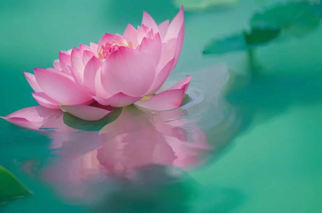 Alafide pink flowers on green background with blurred water, Floating in a powerful zen state, lotuses, lotus petals, author：Sim Che Tsai, author：Anna Fuseli, lotus flower, lotus, standing gracefully upon a lotus, Turquoise pink and green, Pink and cyan, Dressed in flesh green and pink, Cyan and Pink