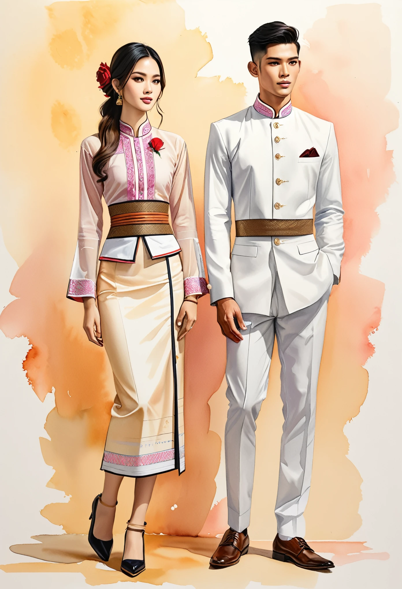 candid fashion illustration of two young man and women, 20-27 year old, adorned in a meticulously crafted North Thai Lanna traditional costume, ((showcase in cotton handwoven outfit)), simple elegant style, The man wears a simple long-sleeved white mandarin collar suit, paired with Tailor pants, and oxford shoes, The woman complements him with ankle-length pencil skirt, with simple minimal patterns details, fitted intricately decorated (waist-length blouse) that complements the skirt,  Captured in full-body image, standing, ((the imperfect rose water-color backdrop)), sketching, realistic drawing, imperfect water color painting, fashion look book, fashion illustrator, sketch design, the image boasts high-quality, Lanna, North Thai traditional costume.