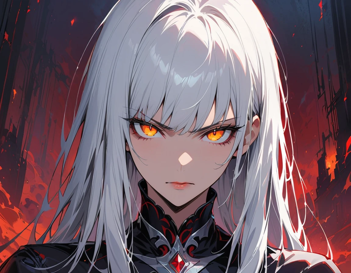 Long white hair, yellow eyes, evil, sexy, black and red clothes, evil face, evil, serious look, gloss lips, sinister, front look, bloody, gloves, close up, portrait, beautiful eyes, short dress, big white, dark place, night, sensual, straight hair cut, clear skin, evil, young 30 years girl, adult girl, solo, red, very long hair, ankle length hair, handsome older WOMAN,crimson-eyes,crimson pupils,Long white hair,Hyperresolution,accuracy,Detailed rendering,(Image of fine hair)(topquality)(Masterpieces of masters)(High degree of completeness)(A sense of atmosphere)tmasterpiece,Super detailed and super detailed(((half-body portrait)))