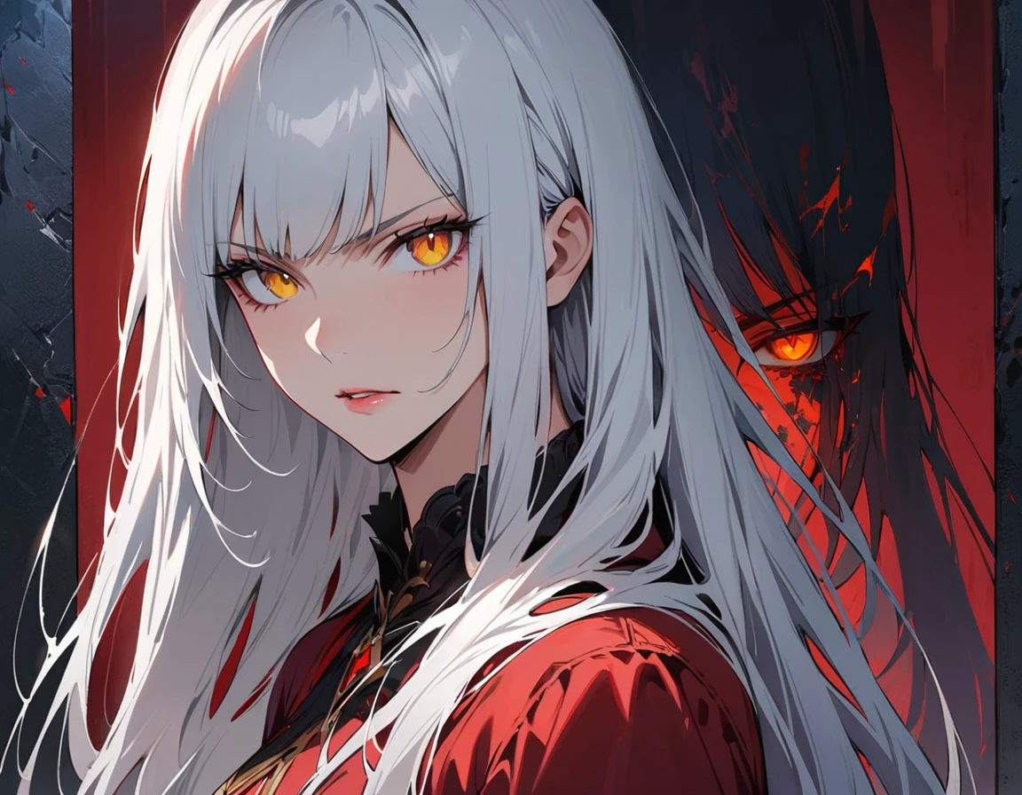 Long white hair, yellow eyes, evil, sexy, black and red clothes, evil face, evil, serious look, gloss lips, sinister, front look, bloody, gloves, close up, portrait, beautiful eyes, short dress, big white, dark place, night, sensual, straight hair cut, clear skin, evil, young 30 years girl, adult girl, solo, red, very long hair, ankle length hair, handsome older WOMAN，crimson-eyes，crimson pupils，Long white hair，Hyperresolution，accuracy，Detailed rendering,（Image of fine hair）（topquality）（Masterpieces of masters）（High degree of completeness）（A sense of atmosphere）tmasterpiece，Super detailed and super detailed（((half-body portrait)))
