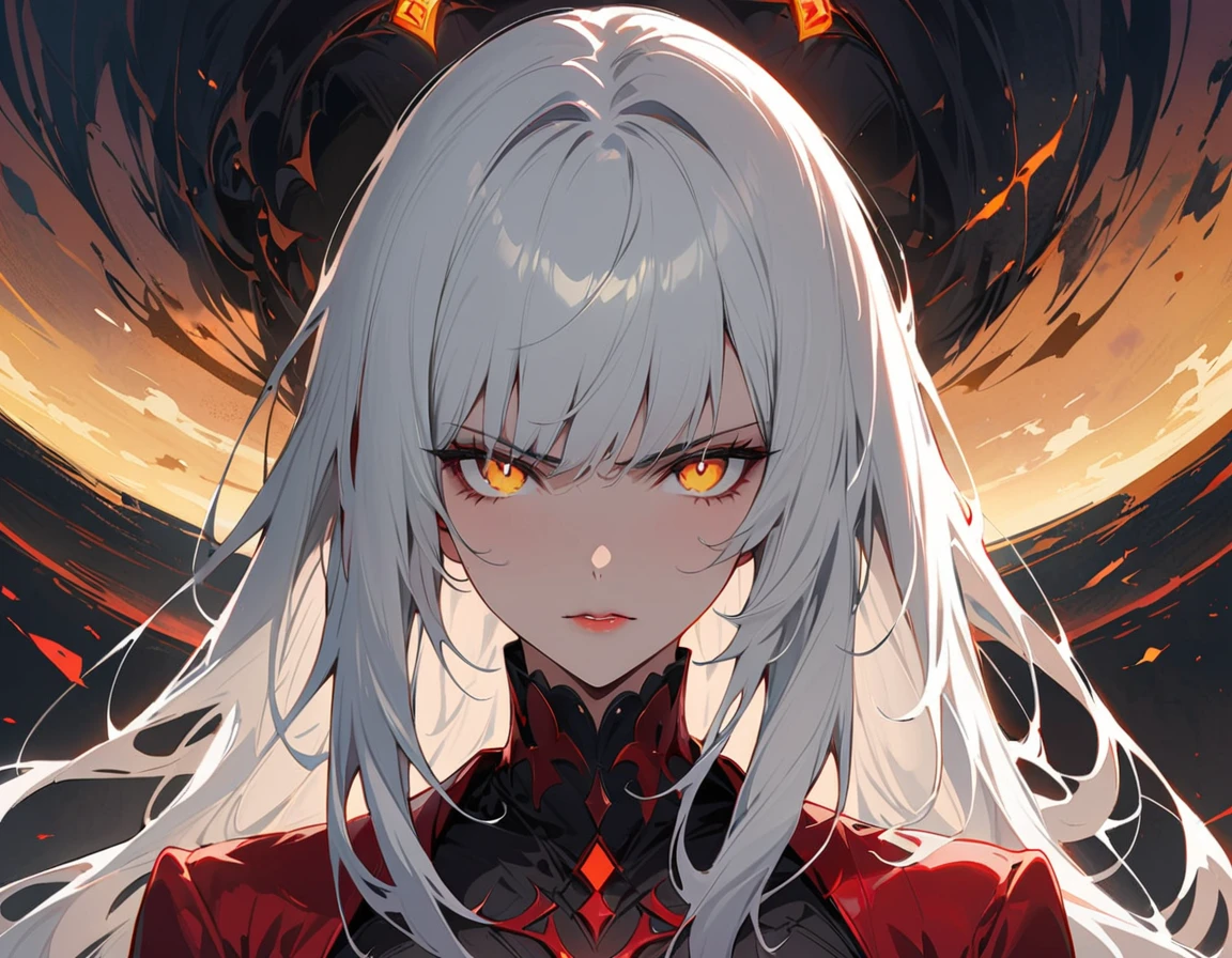 Long white hair, yellow eyes, evil, sexy, black and red clothes, evil face, evil, serious look, gloss lips, sinister, front look, bloody, gloves, close up, portrait, beautiful eyes, short dress, big white, dark place, night, sensual, straight hair cut, clear skin, evil, young 30 years girl, adult girl, solo, red, very long hair, ankle length hair, handsome older WOMAN，crimson-eyes，crimson pupils，Long white hair，Hyperresolution，accuracy，Detailed rendering,（Image of fine hair）（topquality）（Masterpieces of masters）（High degree of completeness）（A sense of atmosphere）tmasterpiece，Super detailed and super detailed（((half-body portrait)))
