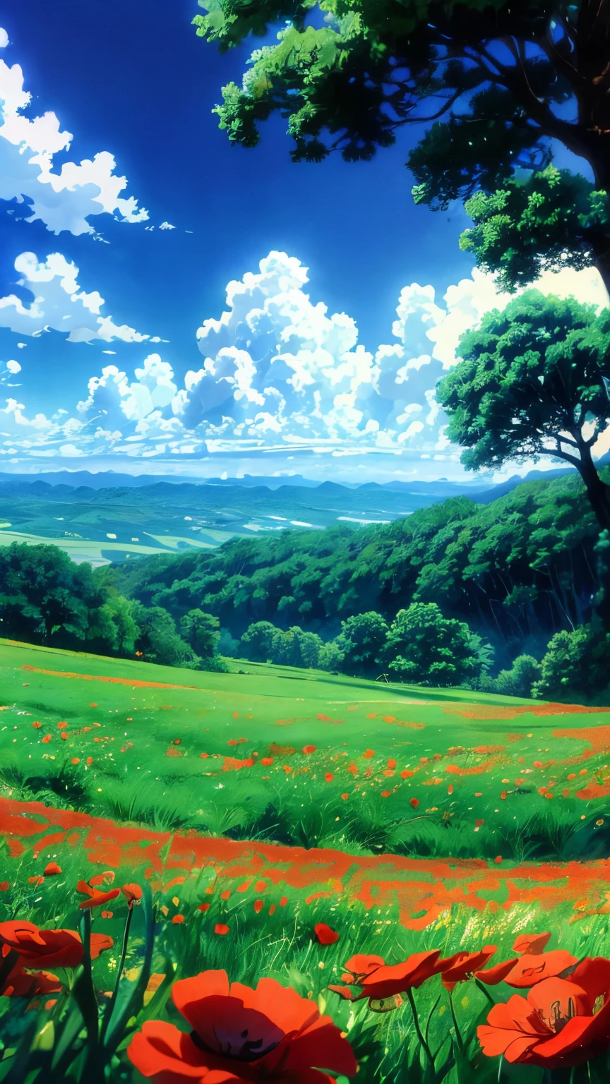 DVD screengrab from studio ghibli movie, beautiful countryside with poppies in the foreground, clouds on blue sky, designed by Hayao Miyazaki, retro anime