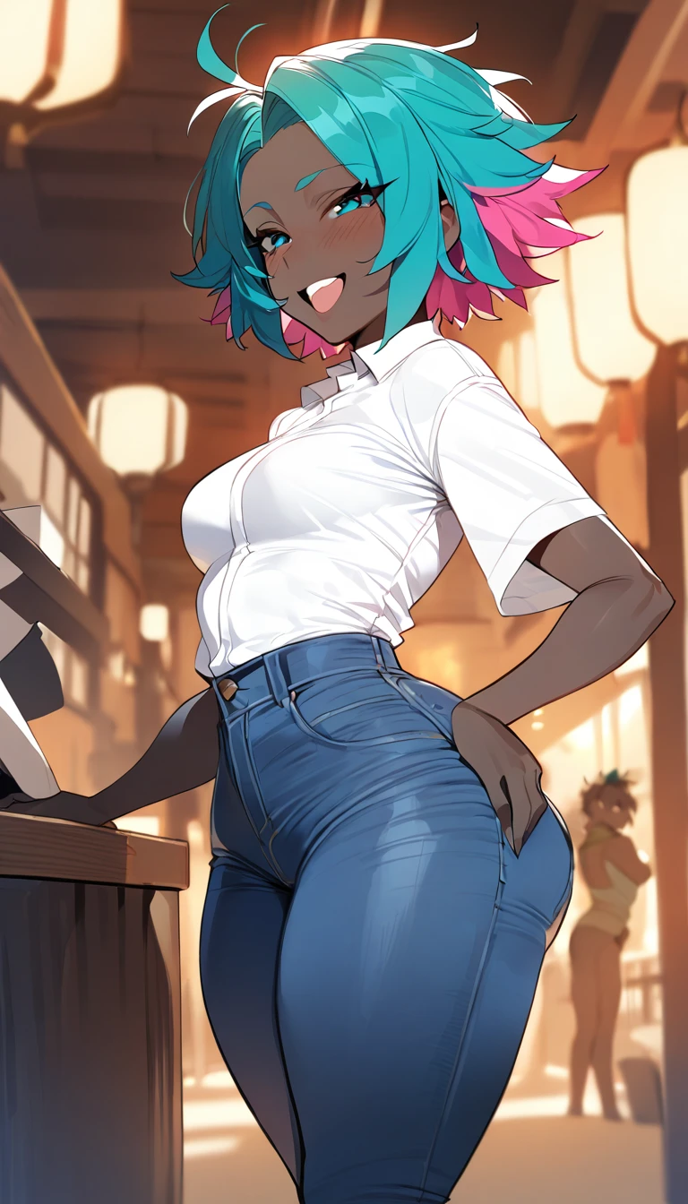 (best quality,masterpiece) thicc, 1 girl, small breasts, wide hips, thick thighs, pink spiky hair, narrow waist, blue jeans, white shirt,black skin, teal eyes, black girl, happy,short hair, Mina ashido,ebony skin