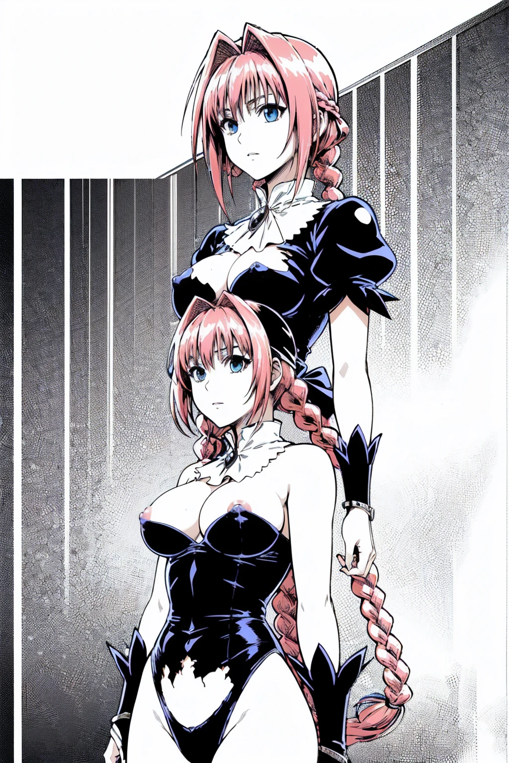masterpiece, Highest quality,High resolution,Dorothy, Pink Hair、Bright Blue Eyes、 eyes、Braiding, Black Dress、Cowboy Shot、Line art、Pencil drawing、comics、alone、One、Torn clothes、tits、Largeola、Nipple