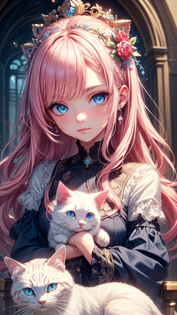 ((Highest quality, 16K, masterpiece: 1.3)), (Very delicate and beautiful face), (Beautiful eyes in every detail),,Girl with cat, White Cat, Pink Hair、blue eyes, Avatar,