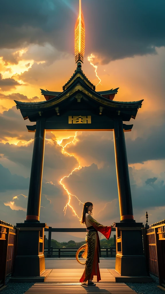 Realistic and spectacular golden Japanese wingless dragon with glowing eyes。The body is long like a snake.。She strikes a powerful pose against the backdrop of a dramatic stormy sky, rising from a torii gate lit by the golden rays of the set… Stretch Download
