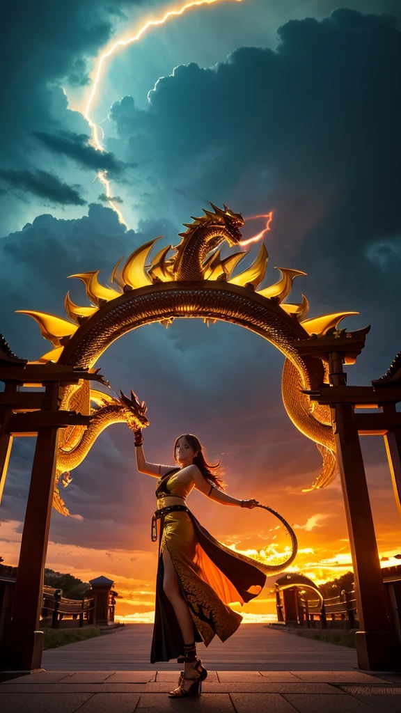 Realistic and spectacular golden Japanese wingless dragon with glowing eyes。The body is long like a snake.。She strikes a powerful pose against the backdrop of a dramatic stormy sky, rising from a torii gate lit by the golden rays of the set… Stretch Download