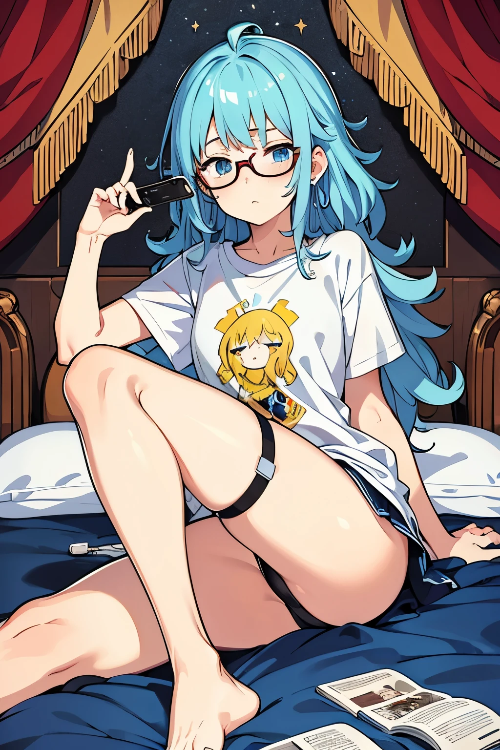 A boy with a mop of unruly hair and glasses perched on the bridge of his nose is engrossed in the vibrant world of a manga, his eyes darting from one dramatic panel to the next. He's sit at the floors and leaning against the side of the bed, one leg bent at the knee and the other outstretched. Meanwhile, his girlfriend, a young woman with a messy curls, lies comfortably on the bed, her head resting on the pillow that supports his elbow. She's dressed in an oversized t-shirt and has one earbud in her ear, the wire snaking down to the phone in her hand. The phone's screen is a blur of color and movement, indicating she's lost in her own digital realm of games or videos. Her free hand is loosely tucked under her cheek, and a faint smile plays on her lips as she focuses on her entertainment.