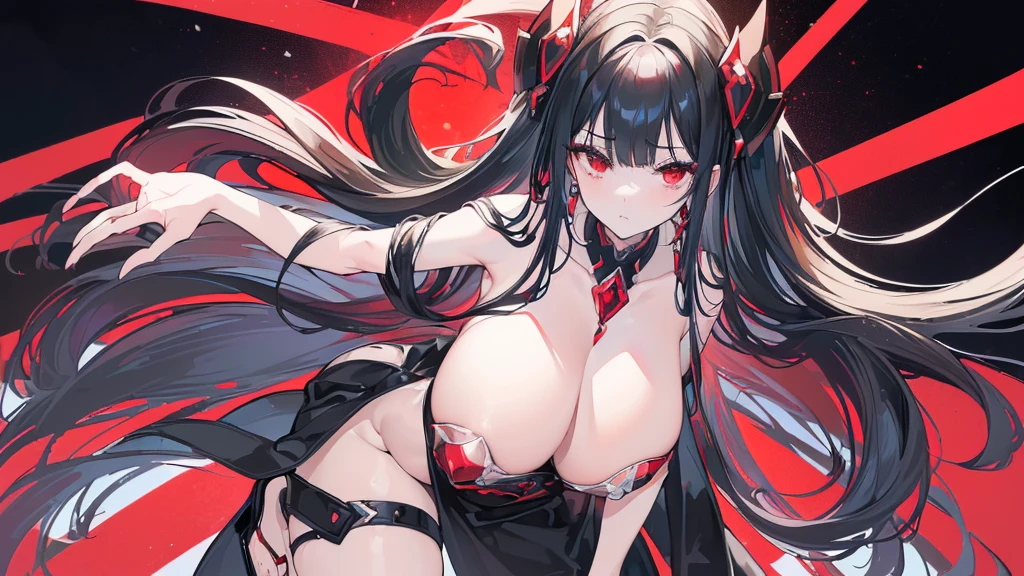 (Exquisite eyes),(Clear and beautiful eyes:1.61),masterpiece, ung girl,(Black clothes and some red gems), Black long hair, (She has a huge red gem on her chest), Good Hand,((The Havoc of StarCraft)),full-body shot,Fighting Stance,(Red Eyes:1.466),short and small,(Very big breasts:1.35),(Pretty Face),(full-body shot:1.33),Beautiful hands