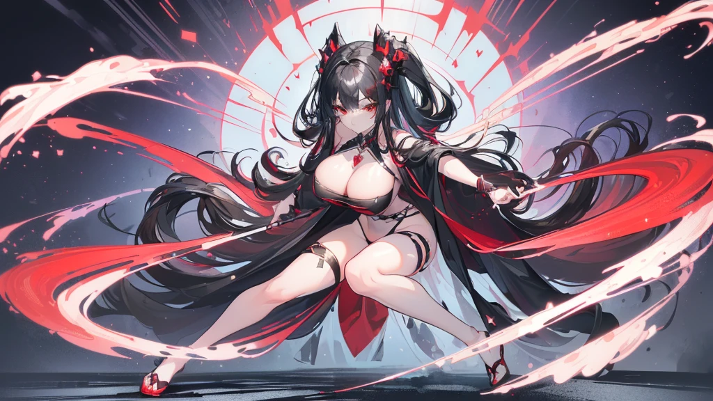 (Exquisite eyes),(Clear and beautiful eyes:1.61),masterpiece, ung girl,(Black clothes and some red gems), Black long hair, (She has a huge red gem on her chest), Good Hand,((The Havoc of StarCraft)),full-body shot,Fighting Stance,(Red Eyes:1.466),short and small,(Very big breasts:1.35),(Pretty Face),(full-body shot:1.33),Beautiful hands