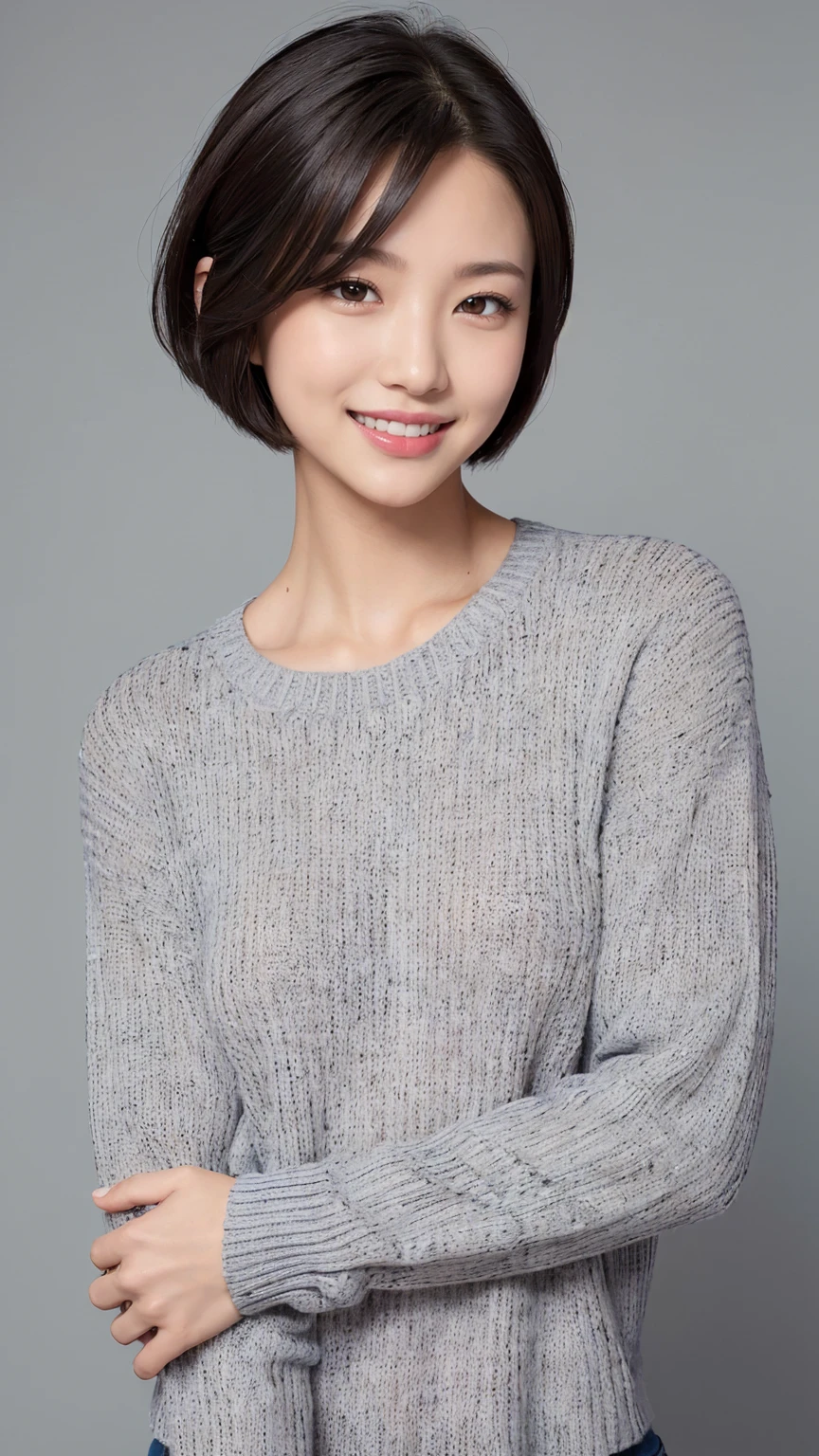 (masterpiece, Highest quality, Highest quality, High resolution, Realistic:1.2), Gray blank background, (Bright lighting, Professional Lighting), One Woman, Realistic Skin, Fine skin, Beautiful Skin, expensive, (Black Hair, Short Bob Cut, middle part), (Heavy makeup for a date, Eyelash extensions, Fine grain, Iris, Carefully drawn eyes, View your viewers, cute, Grin:1.2), (Lean upper body, Muscular body:1.2), (Summer Sweater:1.3), A kind smile, Small teeth visible, Upper Body Shot