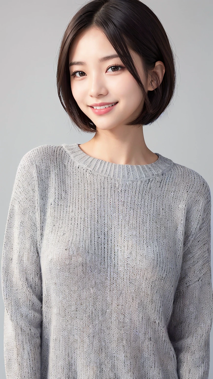 (masterpiece, Highest quality, Highest quality, High resolution, Realistic:1.2), Gray blank background, (Bright lighting, Professional Lighting), One Woman, Realistic Skin, Fine skin, Beautiful Skin, expensive, (Black Hair, Short Bob Cut, middle part), (Heavy makeup for a date, Eyelash extensions, Fine grain, Iris, Carefully drawn eyes, View your viewers, cute, Grin:1.2), (Lean upper body, Muscular body:1.2), (Summer Sweater:1.3), A kind smile, Small teeth visible, Upper Body Shot