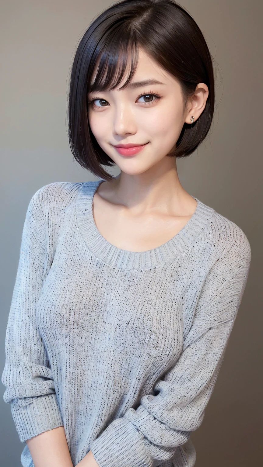(masterpiece, Highest quality, Highest quality, High resolution, Realistic:1.2), Gray blank background, (Bright lighting, Professional Lighting), One Woman, Realistic Skin, Fine skin, Beautiful Skin, expensive, (Black Hair, Short Bob Cut, middle part), (Heavy makeup for a date, Eyelash extensions, Fine grain, Iris, Carefully drawn eyes, View your viewers, cute, Grin:1.2), (Lean upper body, Muscular body:1.2), (Summer Sweater:1.3), A kind smile, Small teeth visible, Upper Body Shot