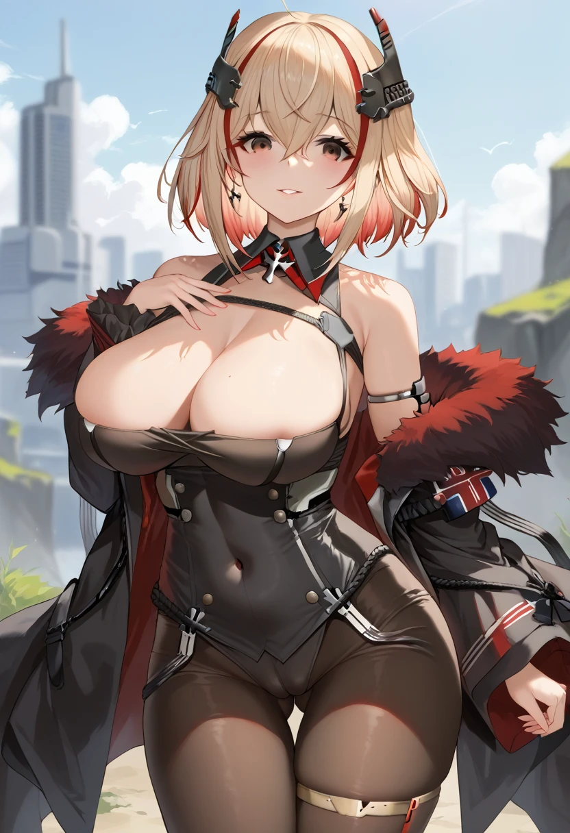 score_9, score_8_up, score_7_up, source_anime, Idealized Forms, Natural Light, details background, blurry background, extremely detailed,cartoons girl are standing wearing a futuristic outfit, 1girl,breasts,ass visible through thighs,bodysuit,covered navel,taihou(azur lane),black hair,long hair,hair orment,red eyes,huge brests, roon \(azur lane\), blonde hair, red hair, multicolored hair, short hair, brown eyes, headgear, large breasts,