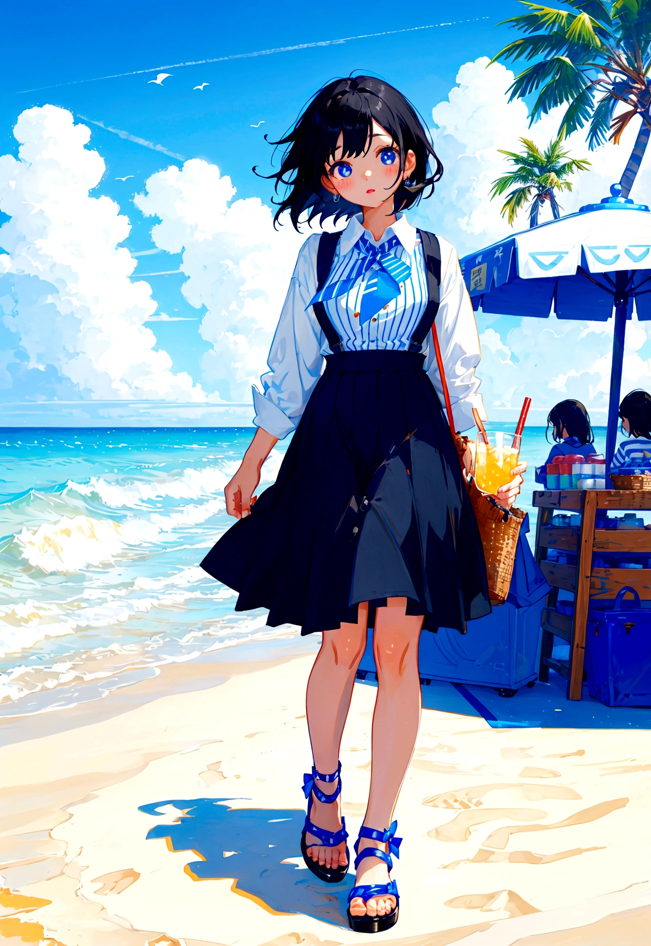 Beach drink shop，Black hair girl，Wearing a blue striped suspender skirt