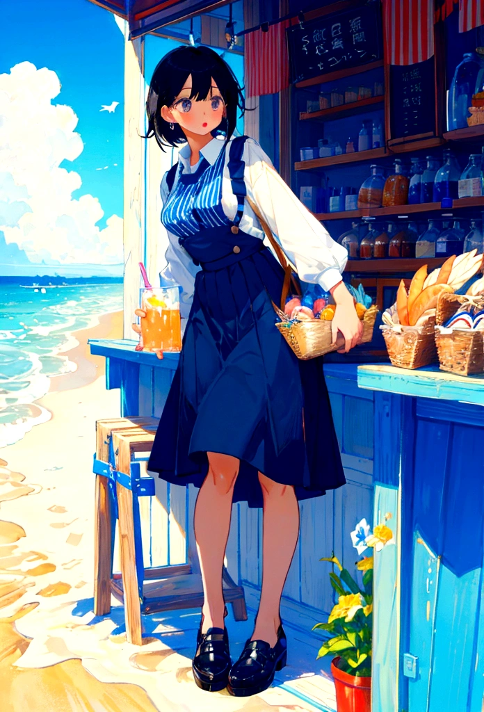 Beach drink shop，Black hair girl，Wearing a blue striped suspender skirt