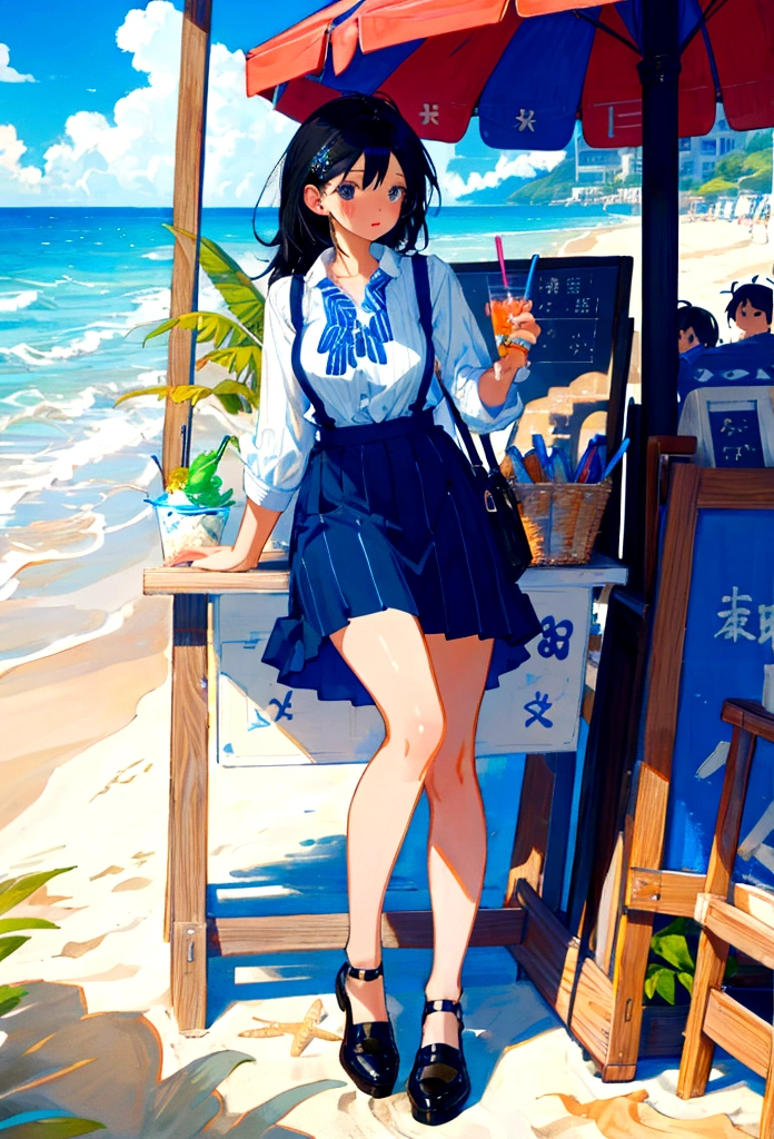 Beach drink shop，Black hair girl，Wearing a blue striped suspender skirt