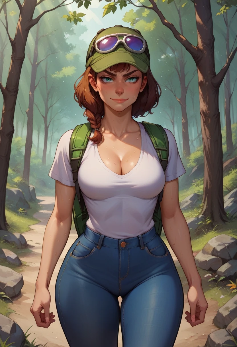score_9, score_8_up, score_7_up, score_6_up, BREAK Karen, wearing hiking outfit, backpack, cleavage, medium breasts, seductive smirk, hands holding own hips, sweating, wide hips, big ass, in a forest, jeans, long sleeved shirt
