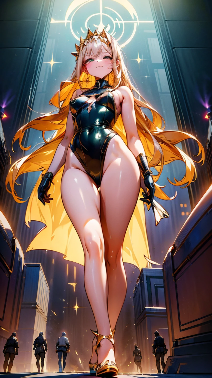A glamorous giantess in a sparkling sequined dress, with long platinum blonde hair and captivating green eyes, strides through a bustling Hollywood set. Her towering form crushes props and set pieces beneath her stilettos. She gazes down at the tiny actors and crew with a look of condescending amusement, her voice filled with mocking laughter. Her curvy body glistens in the studio lights, every movement exuding dominance and raw sensuality. Giantess, Goddess, sexy legs, heels, hot, curvy body, mommy issues, small town, small people, tiny people, macrophilia, perspective from below, high quality, almost naked, mature woman, Hollywood.