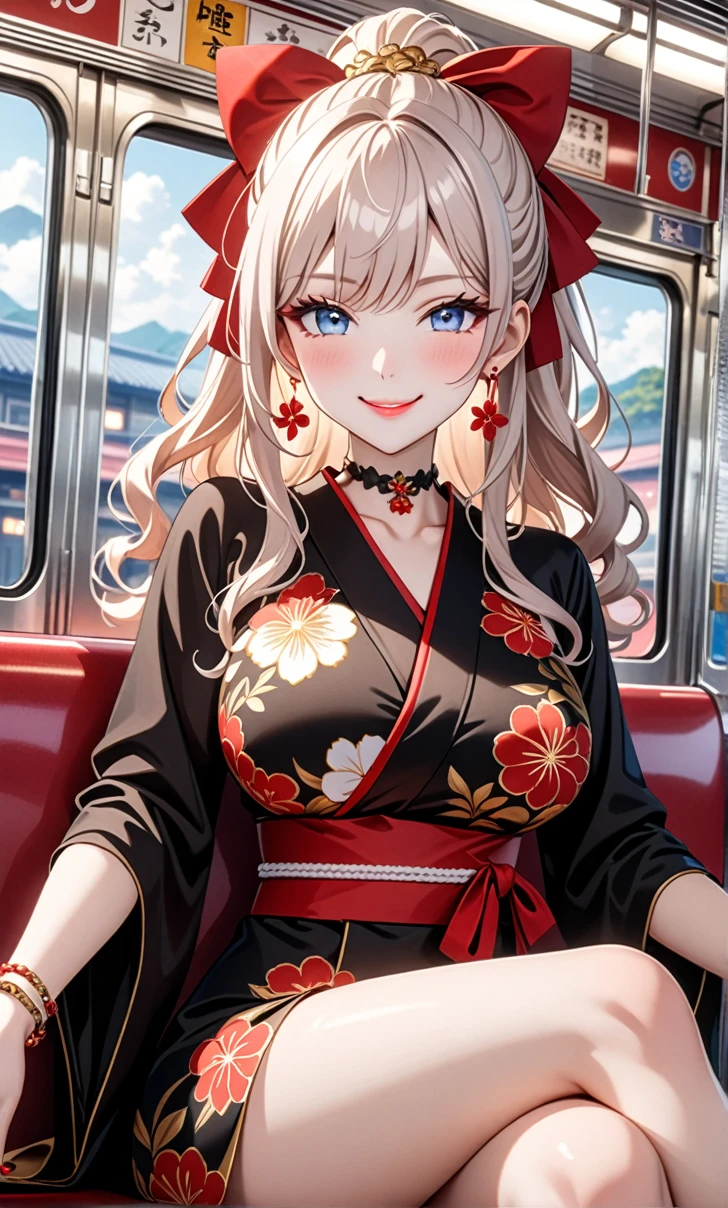 ultra-detailed, ((one girl)), (pale skin:1.3), gyaru, ((blue eyes)), (heavy makeup), hyper detailed, absurdres, 8K, Beautiful Face, (Laugh shyly), ((teasing smile:1.8)), ((Wink:1.7)), (Laugh with your mouth wide open),((Tilt your head:1.7)), View your viewers, ((full-face blushed:1.5)),Glossy Red Lips, ((Big Breasts:1.5)), (show off breast), noon, on the train, (Brighten your face), ((Anime style background)),masterpiece, Highest quality, so beautiful,Latest, Complex details, (Pink long nails), (nail art), (ring),(bracelet), (Floral Choker),AI-generated, Complex,High resolution, Highest quality, super high quality,3D Images、3D Images,One person,Long white hair,(High Ponytail), (wavy hair:1.3), White haired anime woman posing for a photo, ((Fine grain、blue eyes、glowing eyes:1.4)), (Squint your eyes:1.1),a hyperRealistic , hyperRealistic , Realistic,Anime woman with long white hair, Smooth anime CG art, (A girl in a gorgeous black kimono), ((Black furisode:1.3)), (Gold embroidery), Red floral pattern, ((undressing:1.5)),  Long flower hair ornament,Floral Earrings,Mature Body, tall,Narrow waist, Sit in your seat, ((leaning forward:1.5), ((front view)),((Zoom up to face:1.3)),