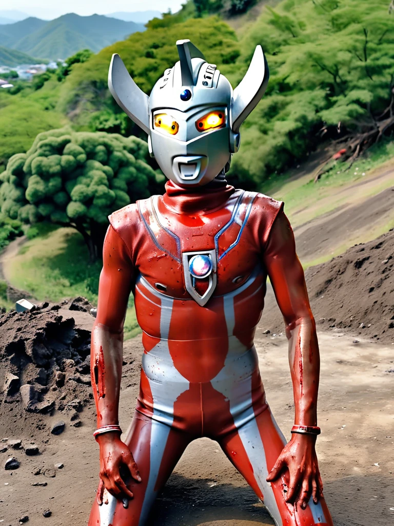 Ultraman Taro torn apart, A disjointed corpse,photo realistic, 35mm films, ultras, 4k, gay, bara, NSFW, Ultraman Taro, Aerial view, Hilly area behind suburbs, Ultraman Taro's body and limbs are torn apart and thrown into a hole, Crying Ultraman Taro's head, Cracked head, Tall and thin, Neck and limbs are long and thin, Arms cut from shoulders, Legs cut from groin, Hips and chest are cut off at waist, Pale skin, Hairy, Small penis, Tube attached to penis, Neck is torn off from body, Unlit grey eyes, Beam lamp on forehead is also grey, Helmet with many cracks, Blood flows from open mouth,