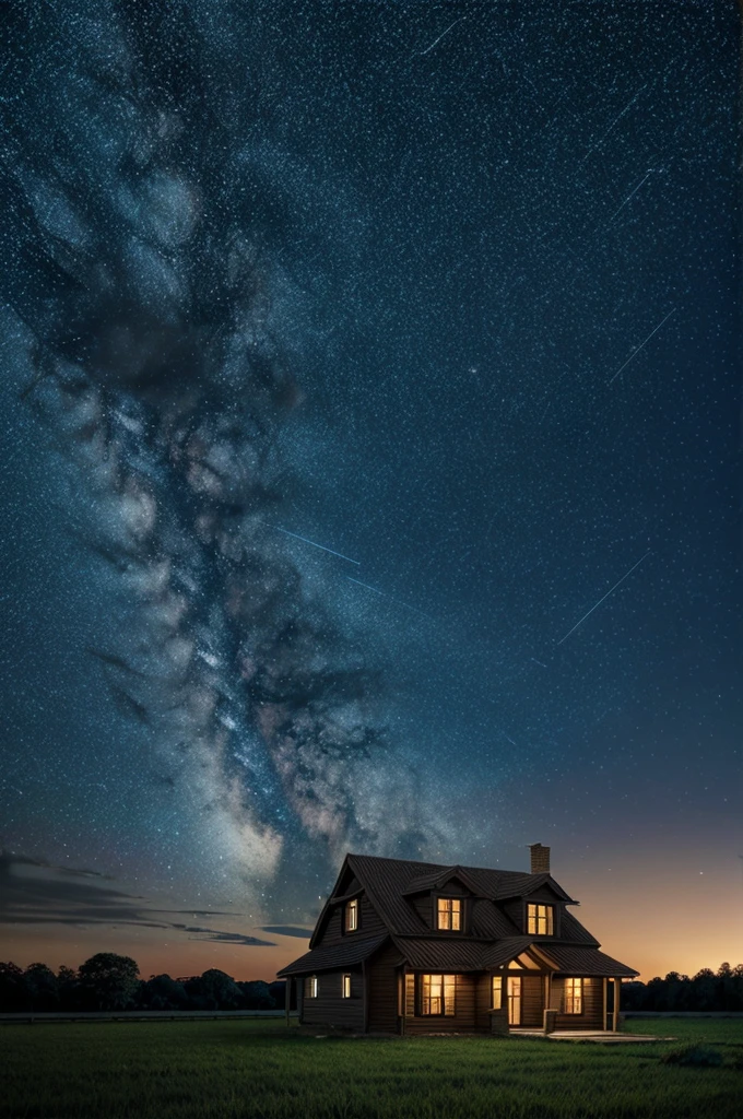 scenery, sky, no_humans, outdoors, grass, cloud, tree, star_(sky), house, night, letterboxed, starry_sky, night_sky, fireflies, cloudy_sky, field, building glass full of flylights