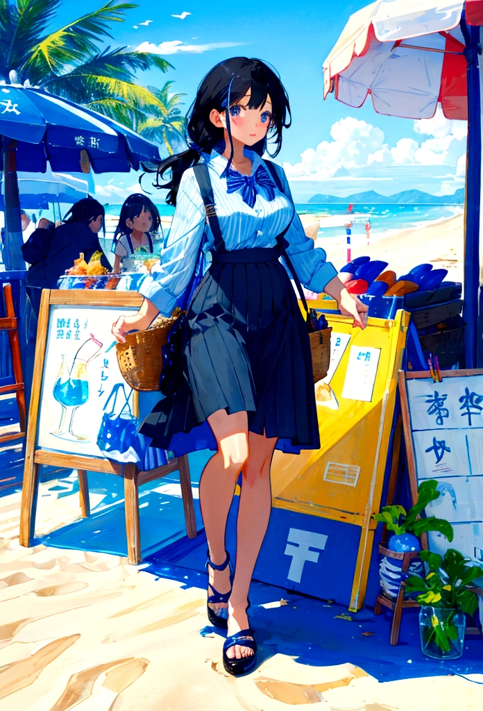 Beach drink shop，Black hair girl，Wearing a blue striped suspender skirt