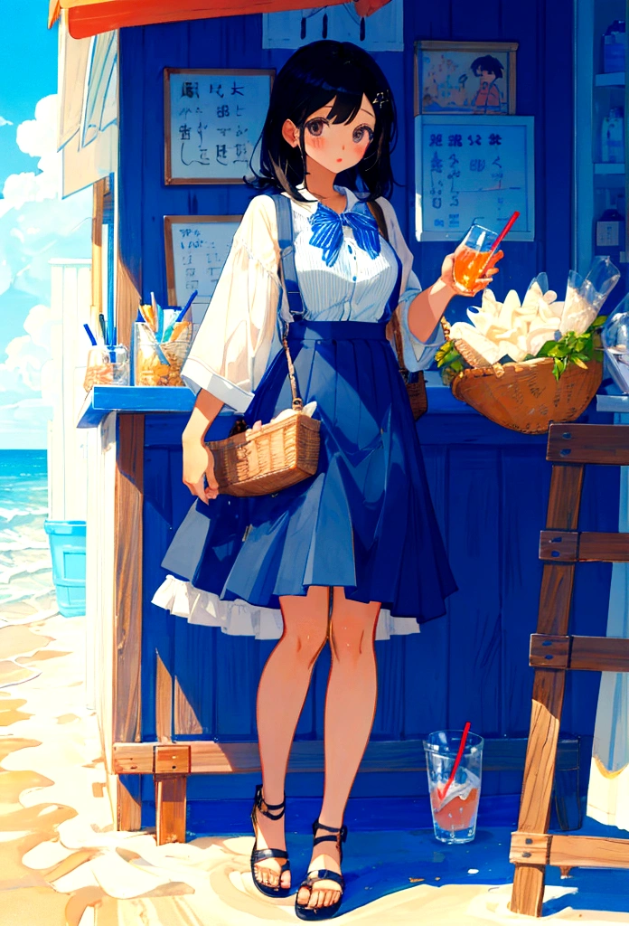 Beach drink shop,Black hair girl,Wearing a blue striped suspender skirt
