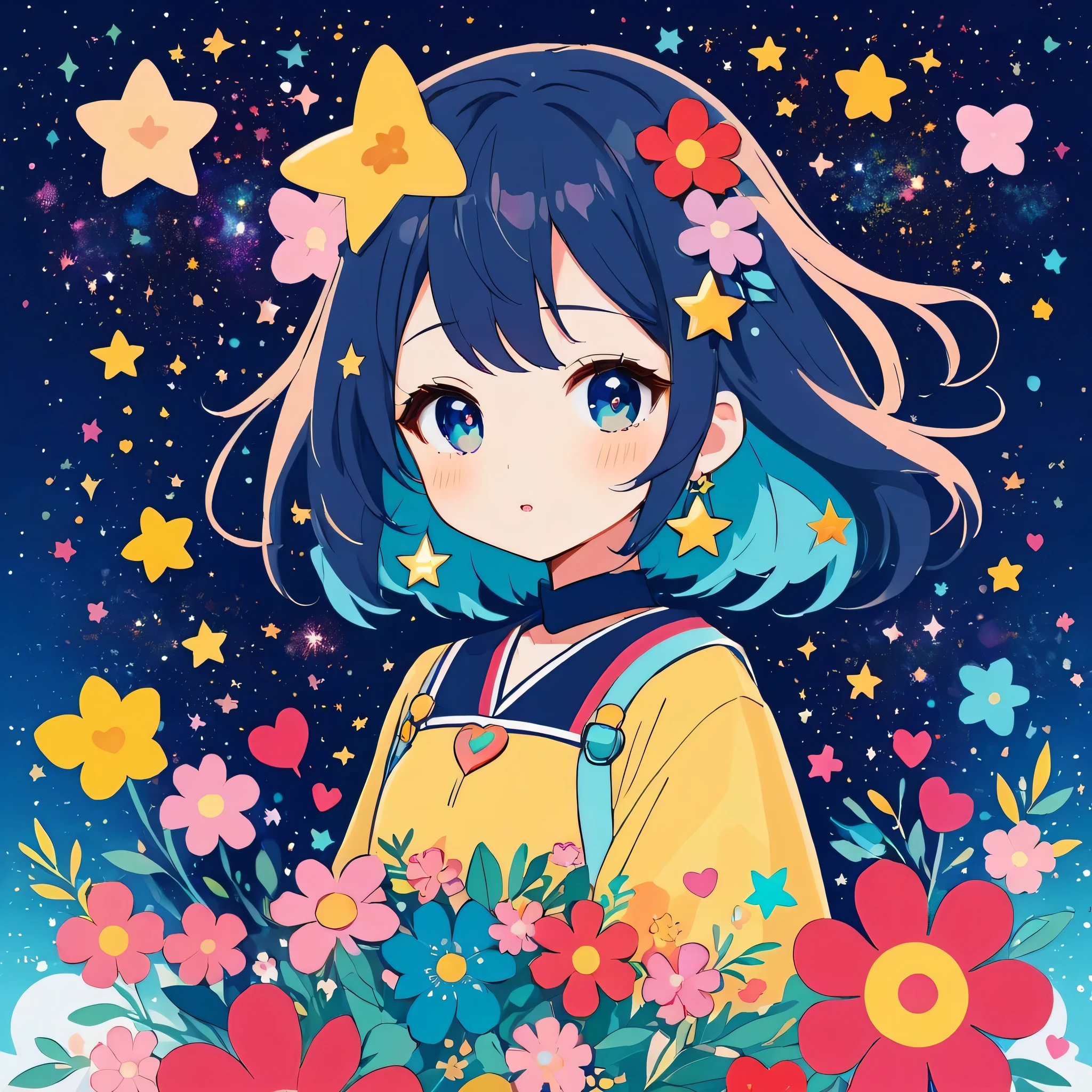 Mika Pikazo style, Simple Line Initialism，Abstract art，Kawaii Design, The most beautiful girl of all time、chibi, The background is star dust, colorful hearts, colorful flowers,