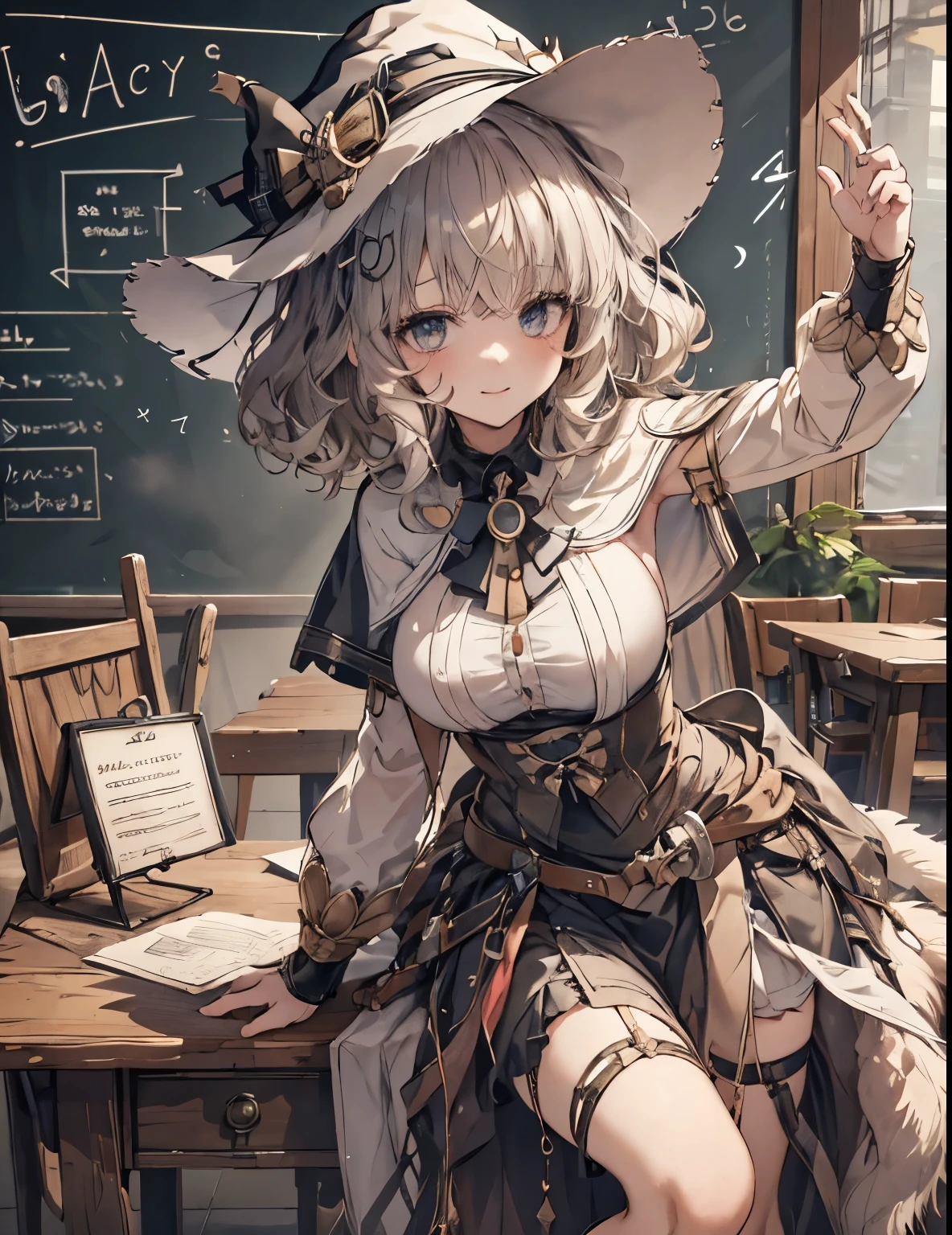 masterpiece, 1girl, sparrow, a light silver haired girl, wearing a witch clothes, curly short hair, messy hair, slim body, white capelet with hoody, he close her left eye, shirt ornament, ruby eyes, ahoge, baby face, big breast, beautiful breasts, rounded breasts, long sleeves, beautiful eyes, white stocking, droopy eyes, skirt, black skirt, plaid skirt, her age is 19 years old, library, bowtie, tight shirt, skirt, nilou (genshin impact), lovely face, medium hair, lovely smile, curly hair, wizard hat, stand in front of blackboard, innocent face, teaching in the clasroom