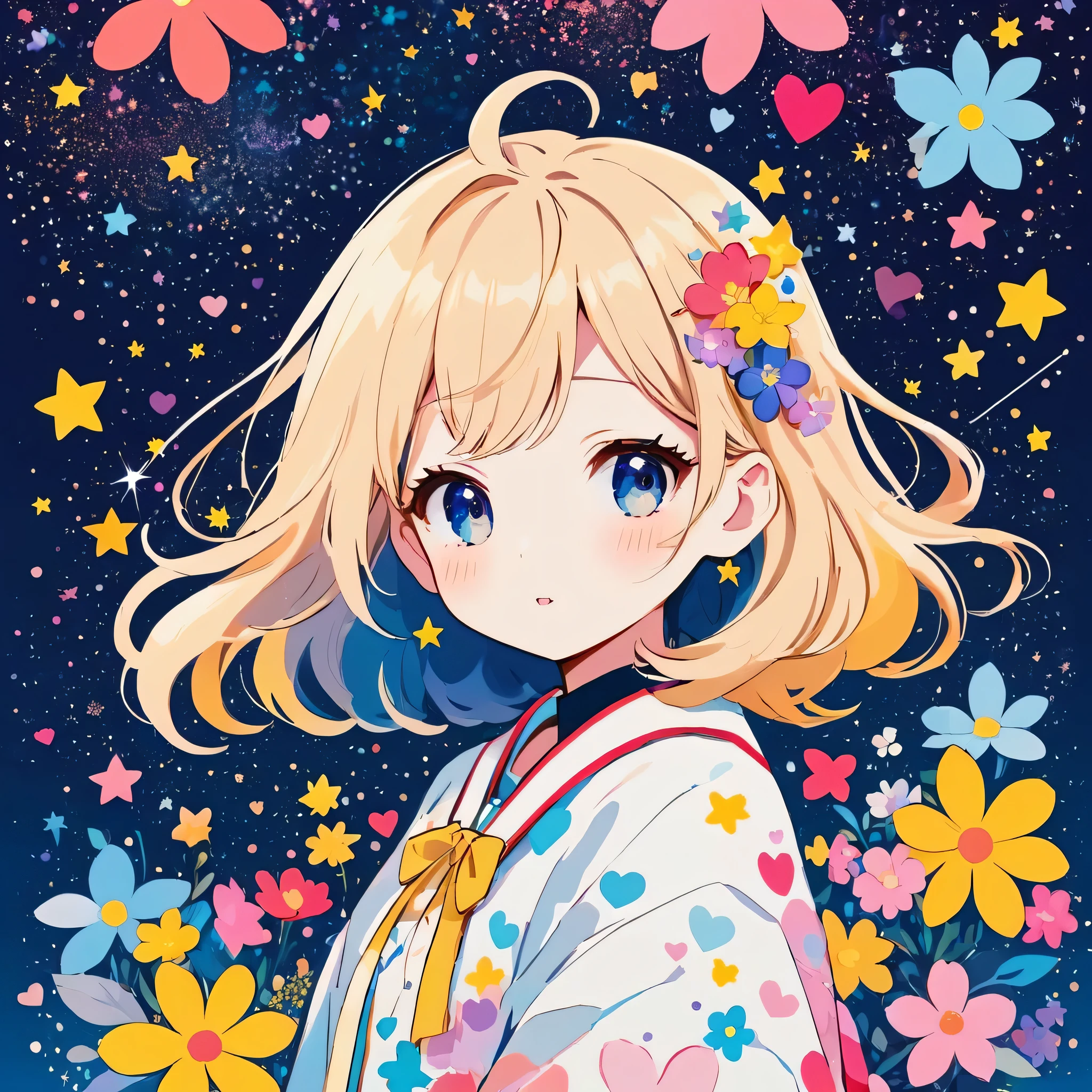 Mika Pikazo style, Simple Line Initialism,Abstract art,Kawaii Design, The most beautiful girl of all time、chibi, The background is star dust, colorful hearts, colorful flowers,