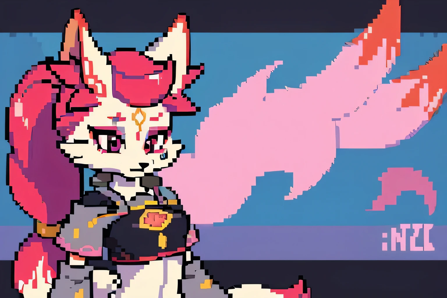 kimiko, furry female anthro, fox girl, white body fur, Pink hair, multiple tails, multi tail, solo, body fur, short ponytail, scar on the eye, masterpiece, ((pixel art, 8 bit))