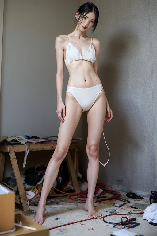 masterpiece,Realistic,resident evil,at an abandoned construction site,Dirty 6:1,(((Very beautiful 25 year old tall slim Korean girl))),Sexy white bikini ripped and exposed ,White transparent thong reaches down to the crotch,barefoot,Highest quality、Facial expressions of details、smile、Thighs、(((Full nudity))),((pubic hair))、