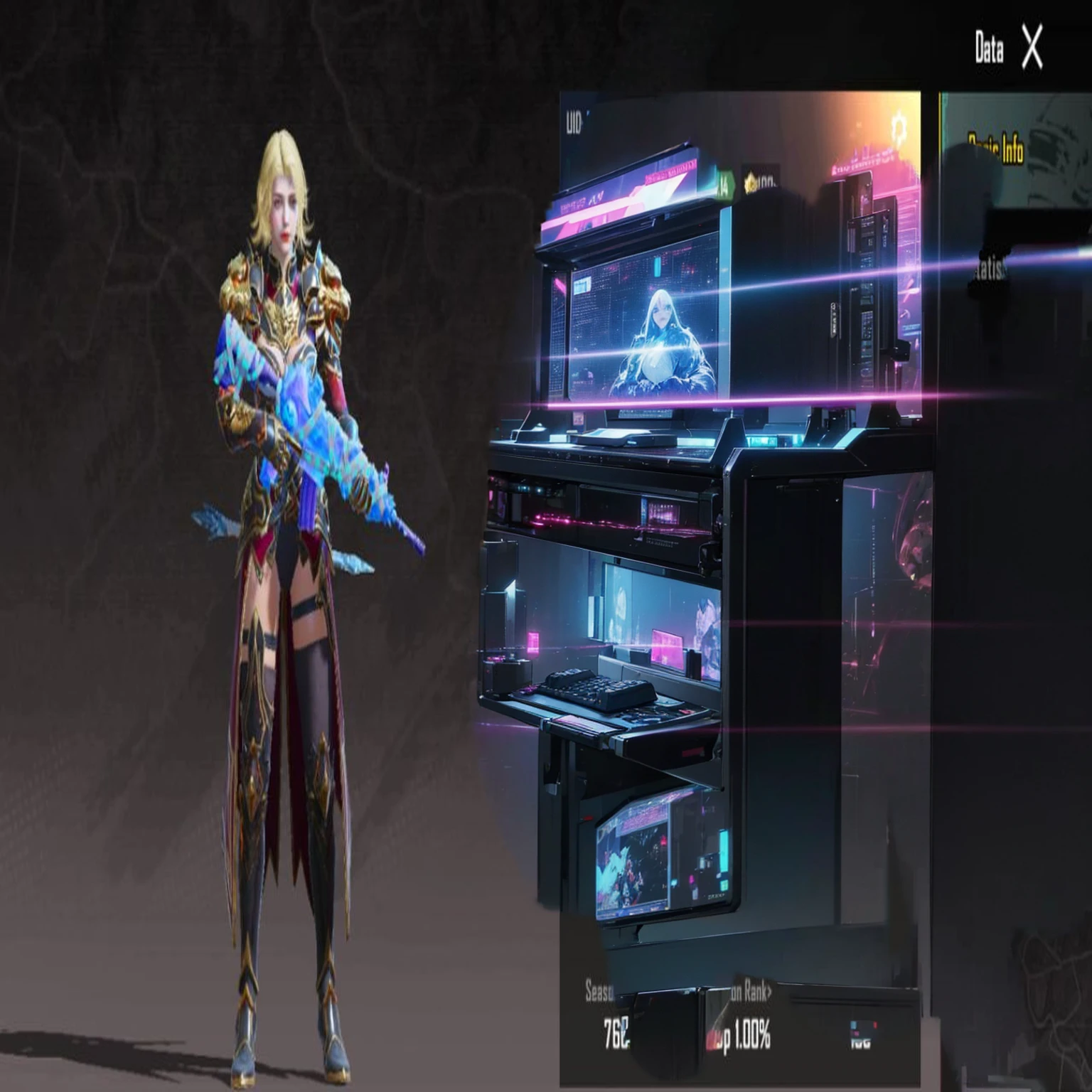 a high quality detailed image of a cyberpunk-themed gaming setup, including a futuristic gaming desk, RGB gaming PC, advanced gaming peripherals, neon lights, and a holographic display showing an intense sci-fi video game scene, cinematic lighting, photorealistic, dark moody atmosphere, dramatic shadows, glossy surfaces, intricate details