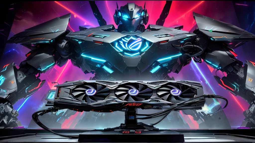Center: A giant ASUS ROG Strix graphics card sits on a shiny metal pedestal, bathed in bright light. The graphics card has a bold, powerful design with the ASUS ROG logo prominently on the front. Thick and sturdy power cables connect from the graphics card to a giant mechanical robot behind it.
Mecha Robot: The robot is large in size, towering over the viewer, reminiscent of the robots in the movie Pacific Rim. Its entire body was covered in sparkling metal armor, reflecting bright light. The ASUS logo is emblazoned on the robot's chest, while its eyes are designed from the ROG logo with a bright, super cool, glowing red color.