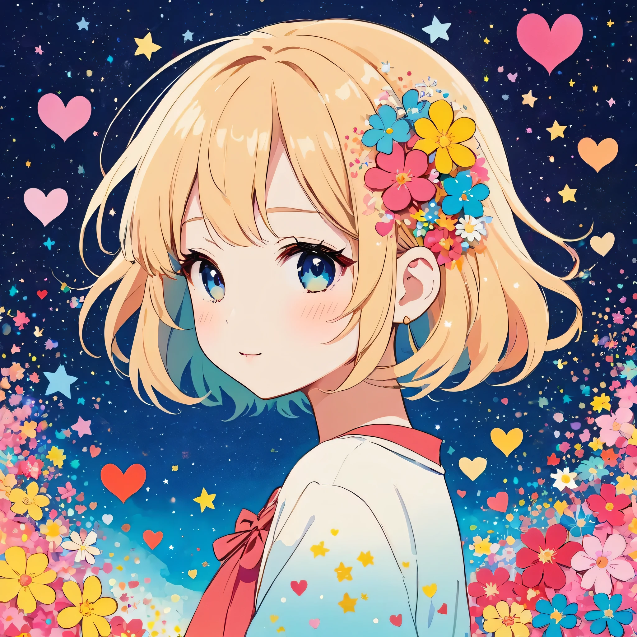 Mika Pikazo style, Simple Line Initialism,Abstract art,Kawaii Design, The most beautiful girl of all time、chibi, The background is star dust, colorful hearts, colorful flowers,