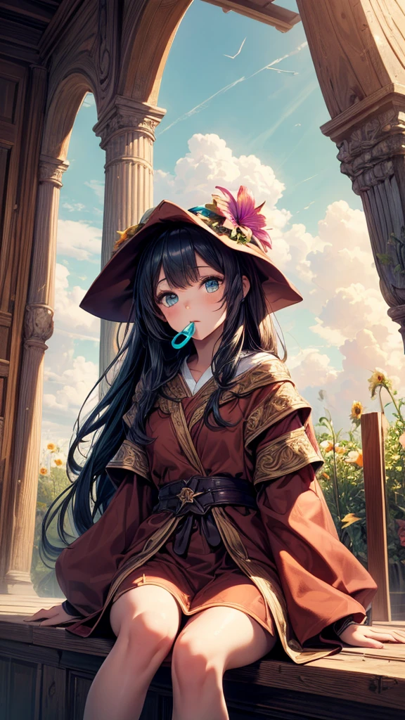 (Highest quality, masterpiece), Turquoise Screen Filter, (One girl, alone, Brown robes, expression, look up, Sitting, Wide sleeves, Iris, Mouth closed, Long Hair, Cowboy Shot), (sunny, Cosmos field, cloud),