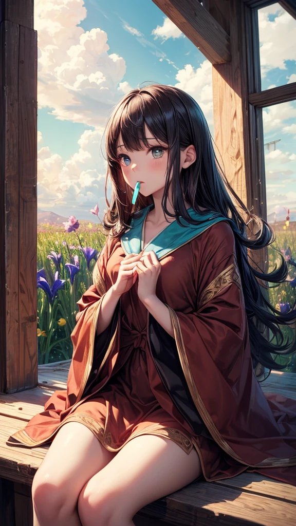 (Highest quality, masterpiece), Turquoise Screen Filter, (One girl, alone, Brown robes, expression, look up, Sitting, Wide sleeves, Iris, Mouth closed, Long Hair, Cowboy Shot), (sunny, Cosmos field, cloud),