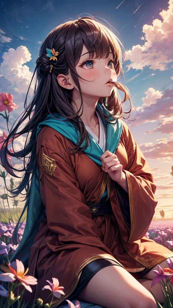 (Highest quality, masterpiece), Turquoise Screen Filter, (One girl, alone, Brown robes, expression, look up, Sitting, Wide sleeves, Iris, Mouth closed, Long Hair, Cowboy Shot), (sunny, Cosmos field, cloud),