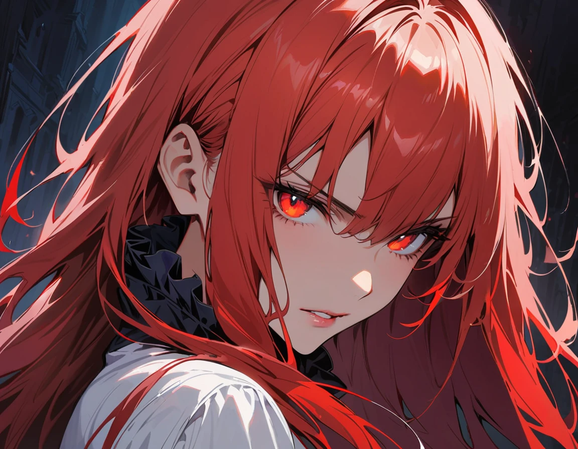 Red-haired girl, Yellow eyes, cold and dead eyes covering her face