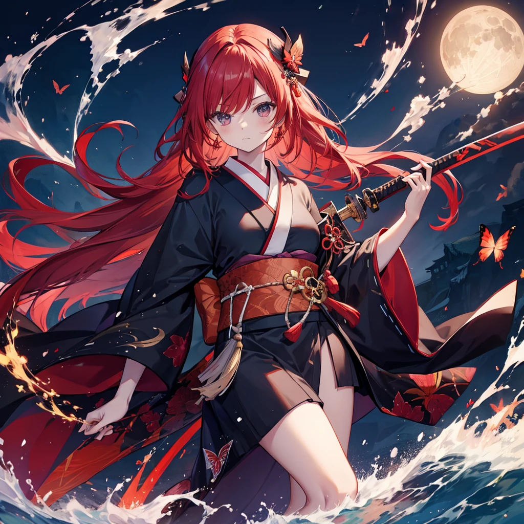 ((((Grasp the sword　1 person))))　(((Redhead　Long Hair　Black kimono　red band　Goddess of victory)))　((Red butterfly　night　Japanese style　shoulder　old))　(moon　star　autumn)　Shining Edge　Shining Background