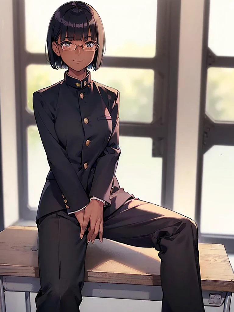 (1 girl solo),(dark skin:1.5),(masterpiece:1.2), highest quality, High resolution, unity 8k wallpaper, (fine and beautiful eyes:1.6), highly detailed face, perfect lighting, Detailed CG, (perfect hands, perfect anatomy),20 years old, (black hair:1.3), detailed eyes, best quality, extremely detailed, very precise detailed, (glasses:1.4), , (straight hair:1.5), (evil smile:1.2) ,long sidelocks, (blush:1.3),(gakuran,long pants:1.5),(very short pixie cut:1.4),(blunt bangs:1.4), (greaming skin:1.3),(in class room:1.3),(sit on desk:1.4),(spread legs:1.3)