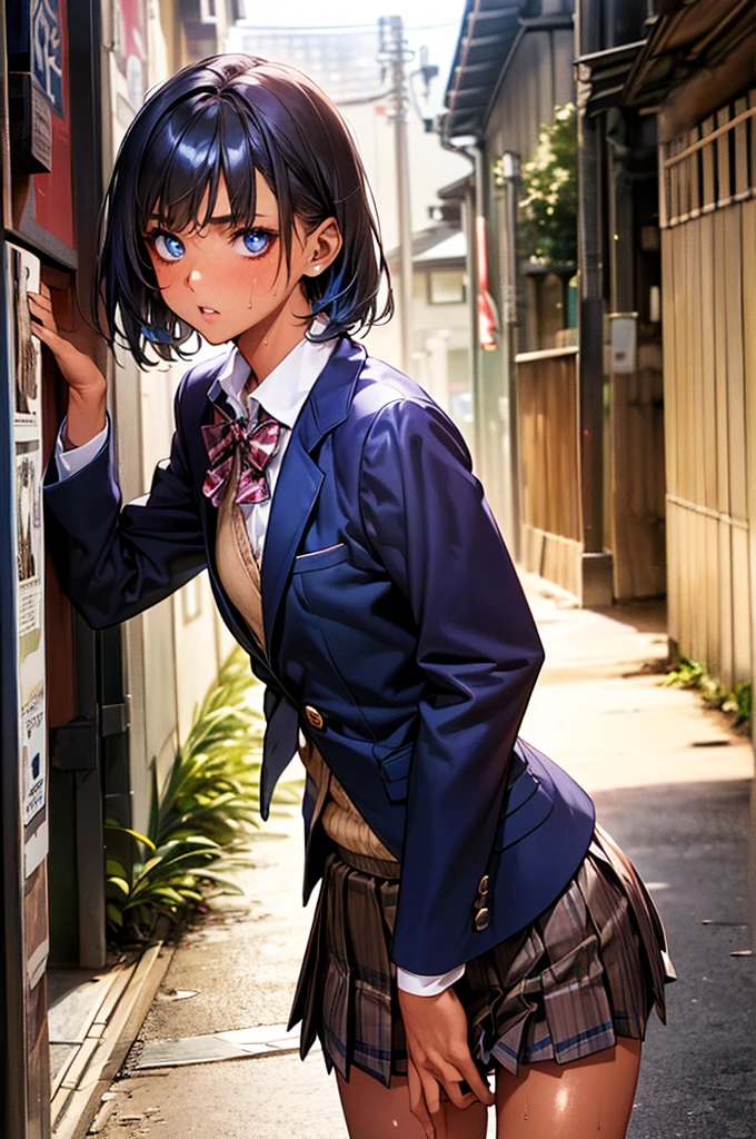 ((Perfect Anatomy:1.2,Realistic:1.3,Raw photo:1.3,masterpiece、Highest quality、Ultra - High resolution、High resolution、Extremely detailed CG、8K)),Cowboy Shot,1 female,alone,18-year-old、High school girl beautiful girl,Japanese,((Beautiful and exquisite face and eyes:1.2,Big beautiful eyes:1.3,)),Blue Hair,Short Hair,Medium chest,Slender body,Small Head:1.3,skinny,(Brown Skin:1.4),(Oily skin,Glowing Skin,Shiny skin,Sweat:1.2),(school uniform、Dark blue blazer jacket、Checkered pleated mini skirt),Are standing,Dirty back alley、At night、Tokyo、