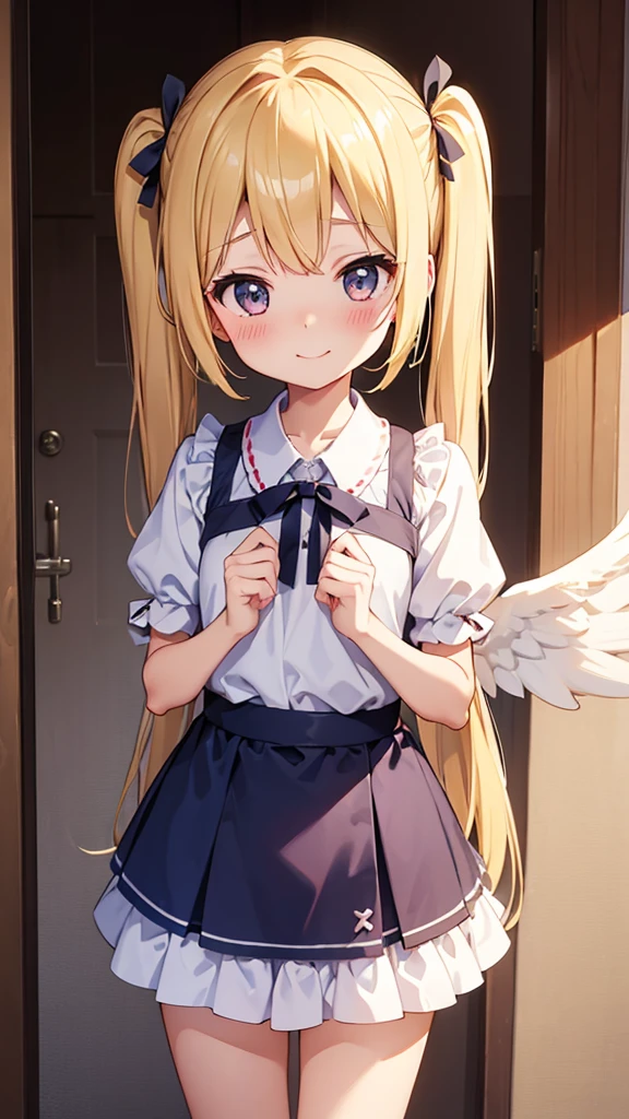 ((masterpiece))((Highest quality))girl、smile、blush、Flat Chest、Are thin、、low length、Blonde、Long twin tails、Embarrassed、Are standing、Angel's wing、Angel clothes、Whole body image、Even your toes are visible、Eye level on face、front、No background、mayonnaise、真frontのアングル