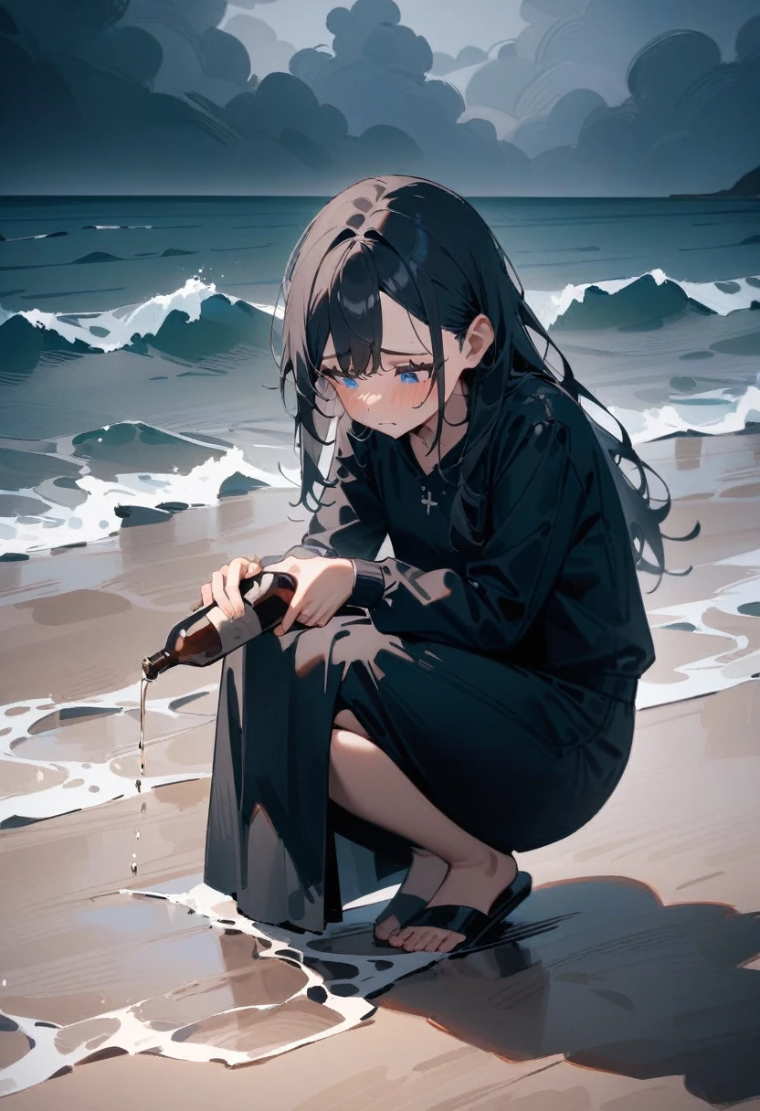 masterpiece, best quality, very aesthetic, absurdres, newest, 1girl, solo, asymmetrical bangs, tareme, young woman, black hair, long hair, blue eyes, looking down, sad expression, dark clothing, beach, cloudy sky, stormy sea, crouching, placing a bottle on the sand, full body, melancholic atmosphere