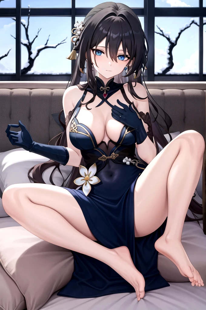 RUANMEI,Bangs,Long hair,skirt,Gloves,Hair between the eyes,Jewelry,Hair accessories,blue eyes,Black Hair,flower,black Gloves,blue skirt,indoors,bedroom,on the bed,A faint smile, 1 Girl,
, (masterpiece,best quality:1.2),absurd,whole body,Long legs,pretty feet,Bare legs,sexy,spread the legs,tall