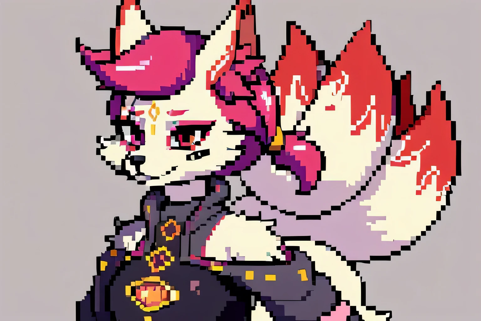 kimiko, furry female anthro, fox girl, white body fur, Pink hair, multiple tails, multi tail, solo, body fur, short ponytail, scar on the eye, masterpiece, ((pixel art, 8 bit))