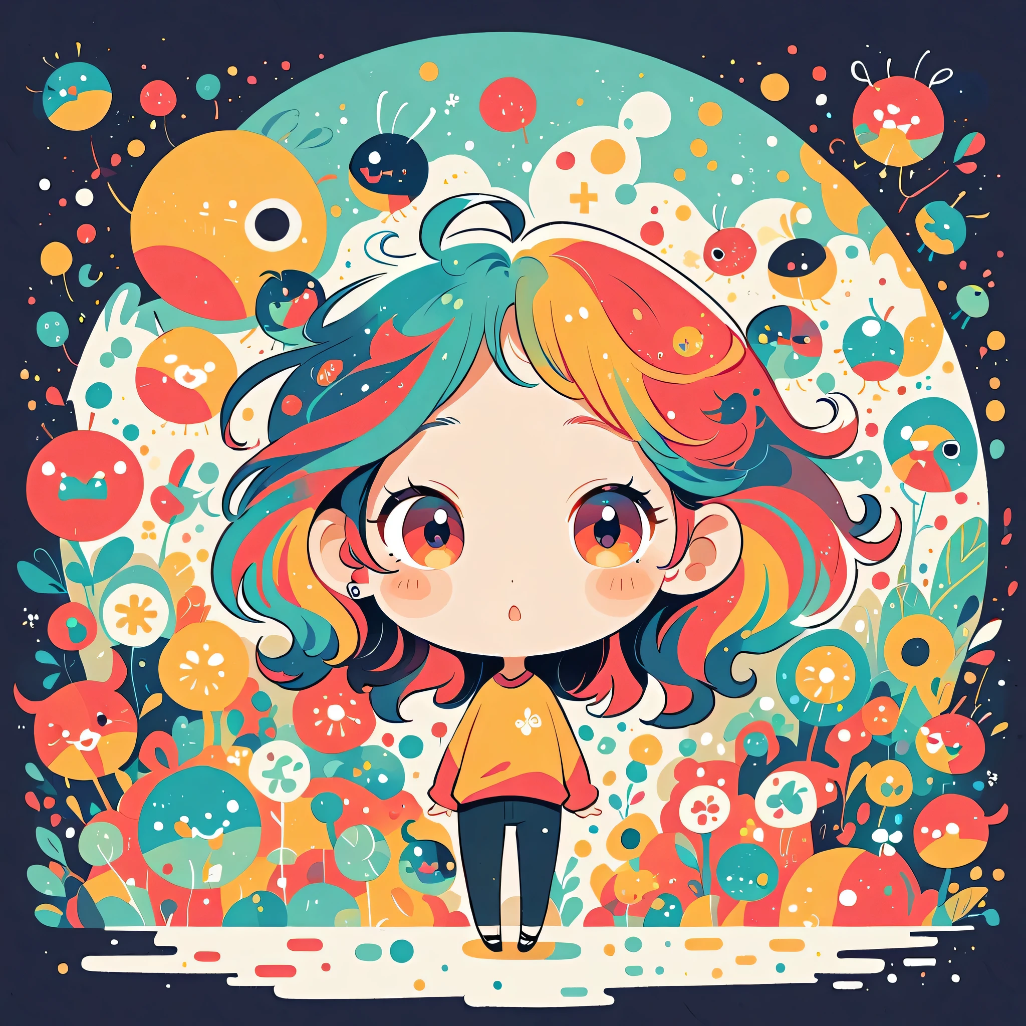 Hayao Miyazaki style, Standing in front of a high wall,Simple Line Initialism,Abstract art,Urban Background, (((The most beautiful girl))), (((chibi))), Cute and colorful pillbugs,