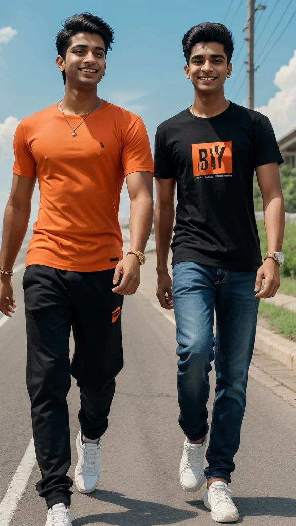 18 years old two indian boys walking on road, they are talking each other with laughing, first boy is wearing Orange T-shirt, with black pant, with name “Ahad” and second boy wearing Black T-shirt on which Name “Samad” is written, realistic image, 4k quality image. the words best friends written at top sky , make sure name should be visible